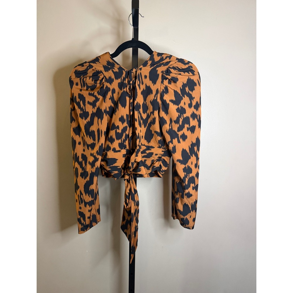 SHEIN Animal Print Puff Shoulder Tie Back Crop Top Brown Black Small